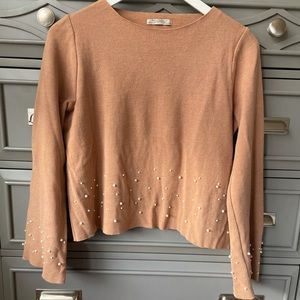 Zara Trafaluc Tan Knit Sweater with Pearls (size small)